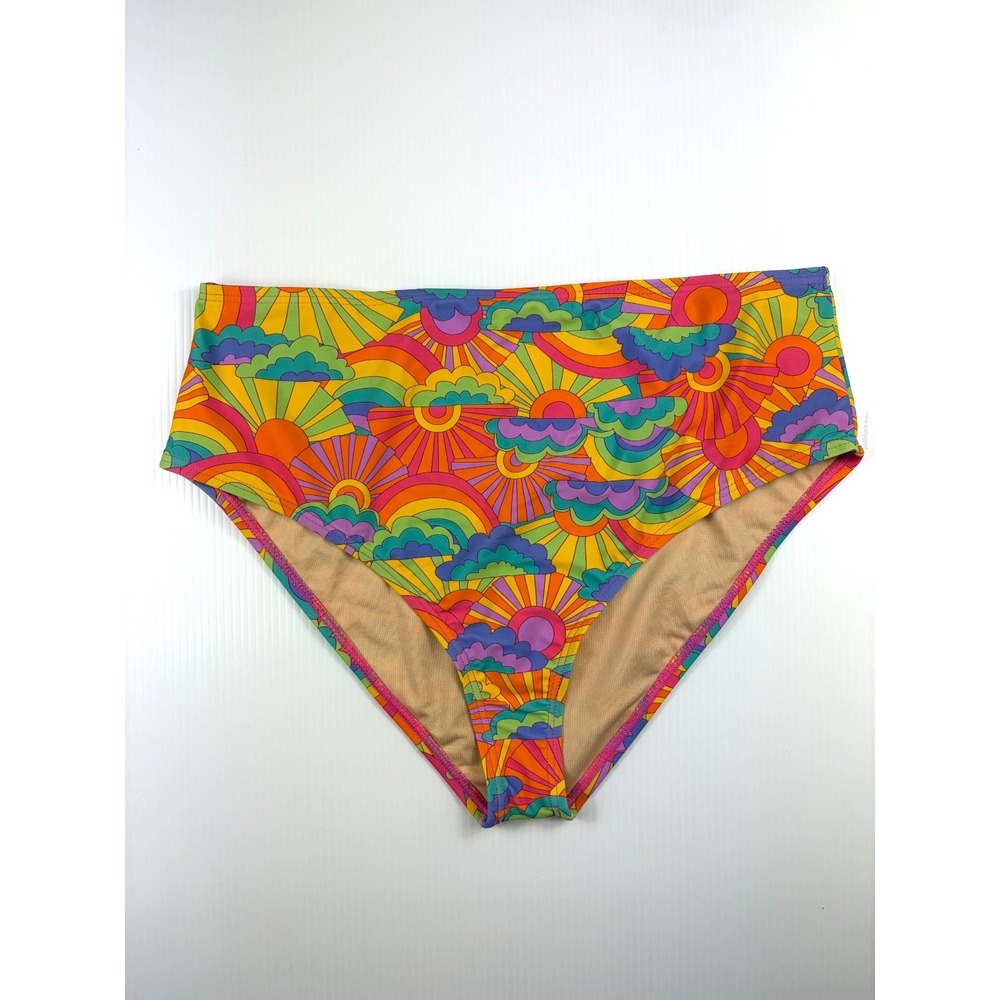 Unique Vintage Swim Bottom Womens 1X  Rainbow Retro 70s Groovy Hippie High Rise